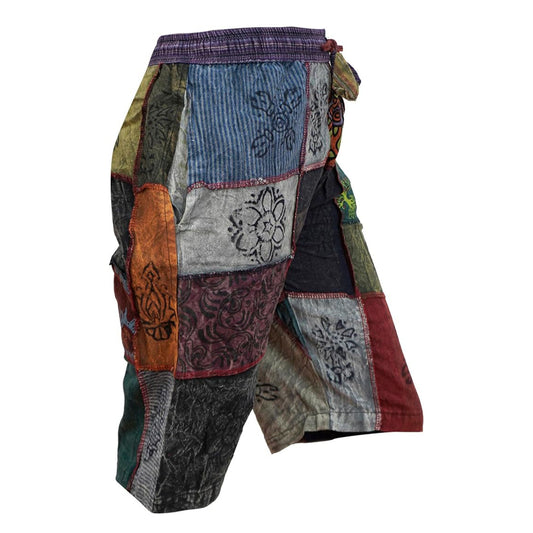 Mens Patchwork Elasticated Waist Boho Festival Pants Cotton Hippie Summer Shorts
