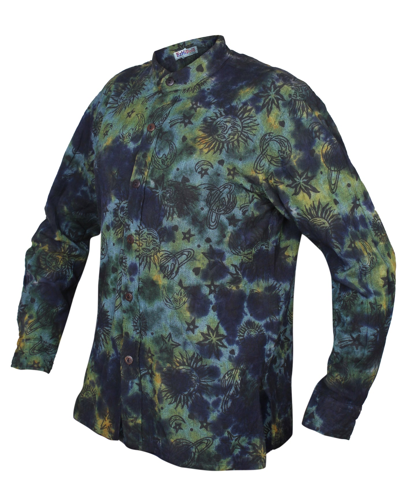 Men's Space Tie Dye Henley Shirt, Hand Made Long Sleeve Collarless Casual Shirt