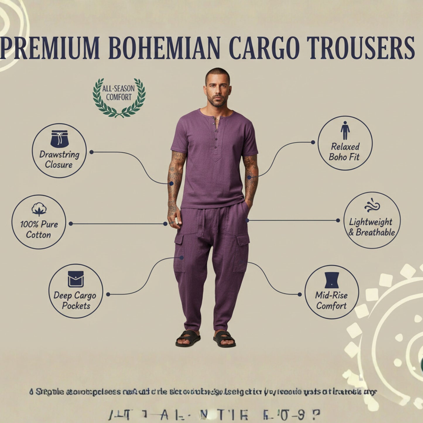 Mens Cargo Pant Plain Hippie Festival Casual Combat Trousers