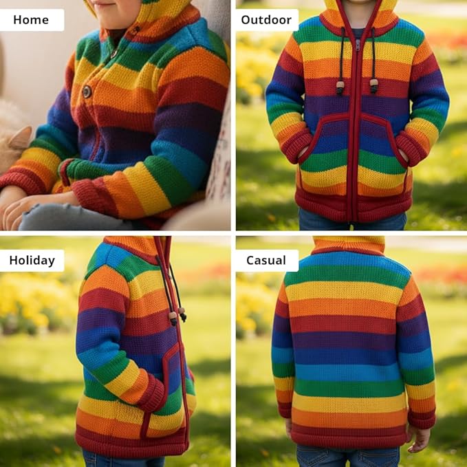 Kids Winter Hoodie Rainbow Pattern Full Zip Fleece Lining Wool Jacket
