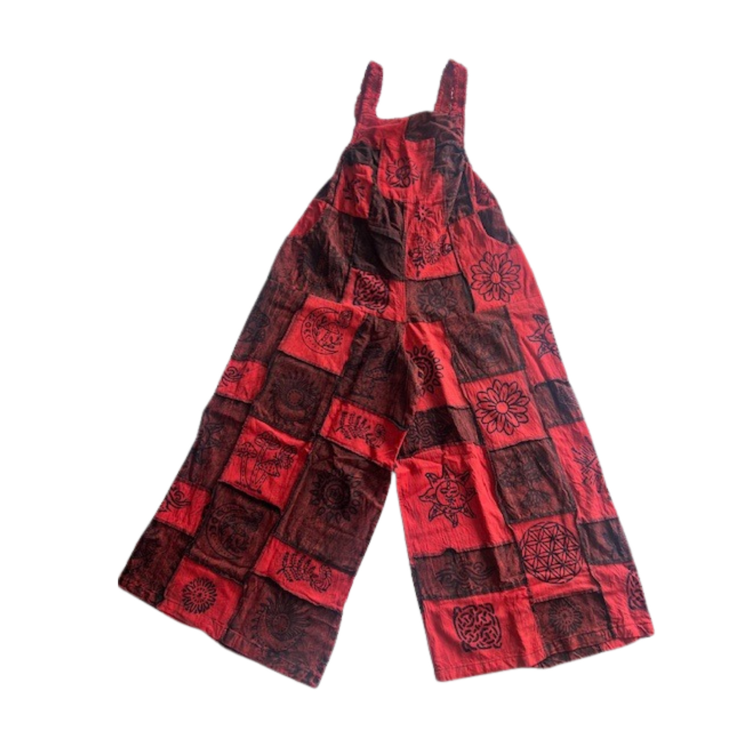 Women’s Cotton Patchwork Mushroom Flower Sun Tribal Print Hippie Summer Dungarees