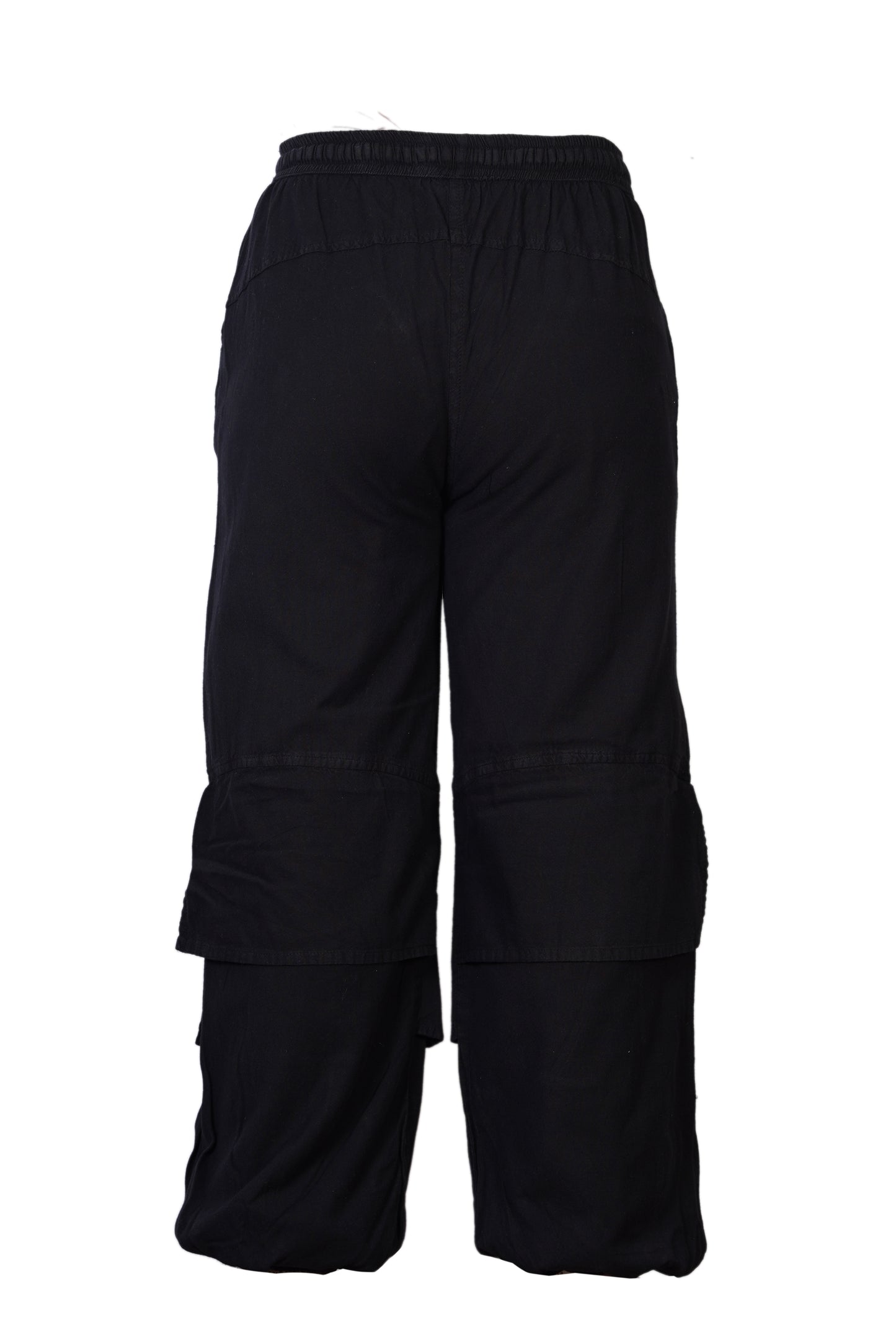 Mens Hippie Elastic Waist Trousers Black Cotton Cargo Flap Design Pants