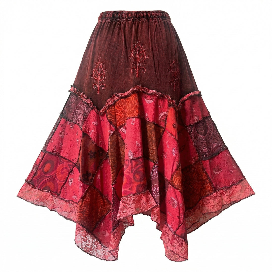 Women’s Cotton Boho Patchwork Floral Print Lace Trim Detail Hippie Maxi Skirt
