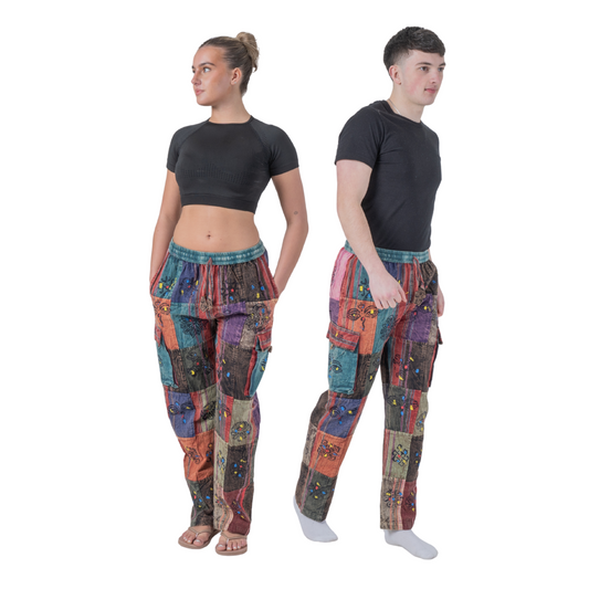 Unisex Hippie Patchwork Cargo Pants Elastic Waist Boho Festival Trousers