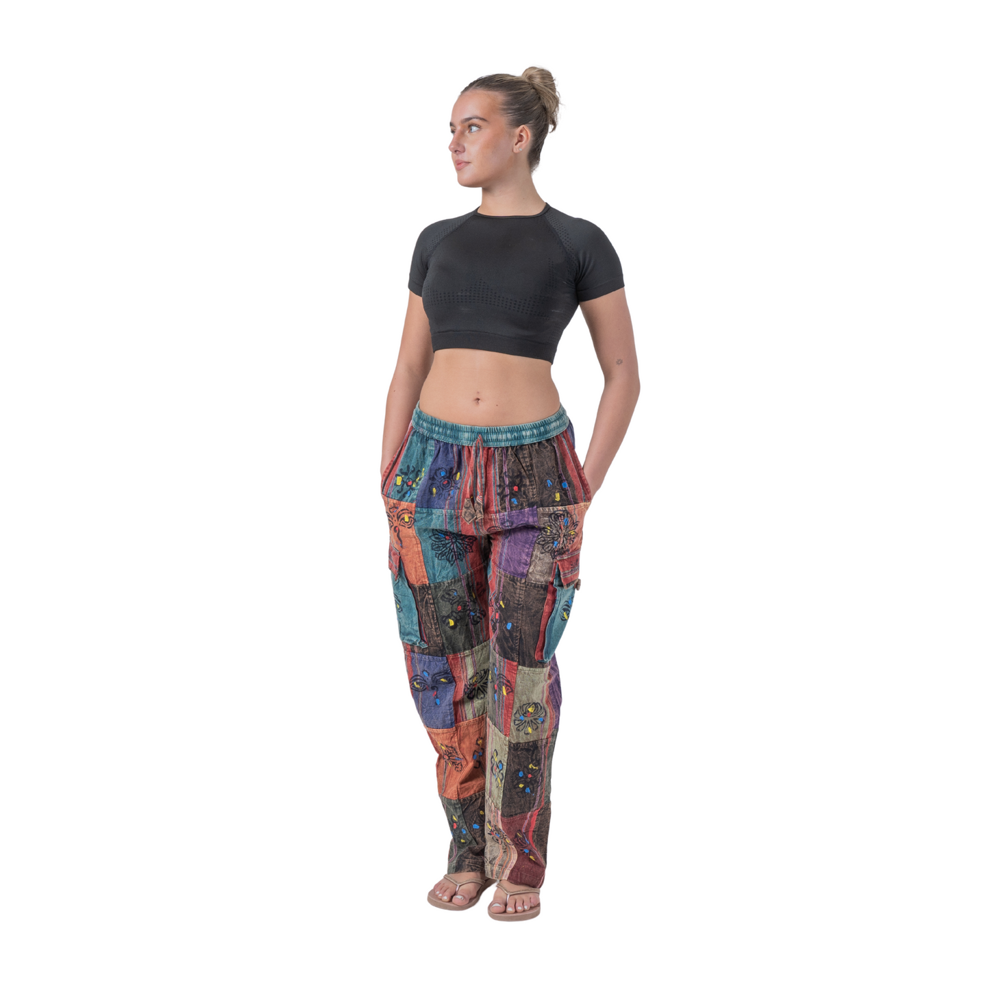 Unisex Hippie Patchwork Cargo Pants Elastic Waist Boho Festival Trousers
