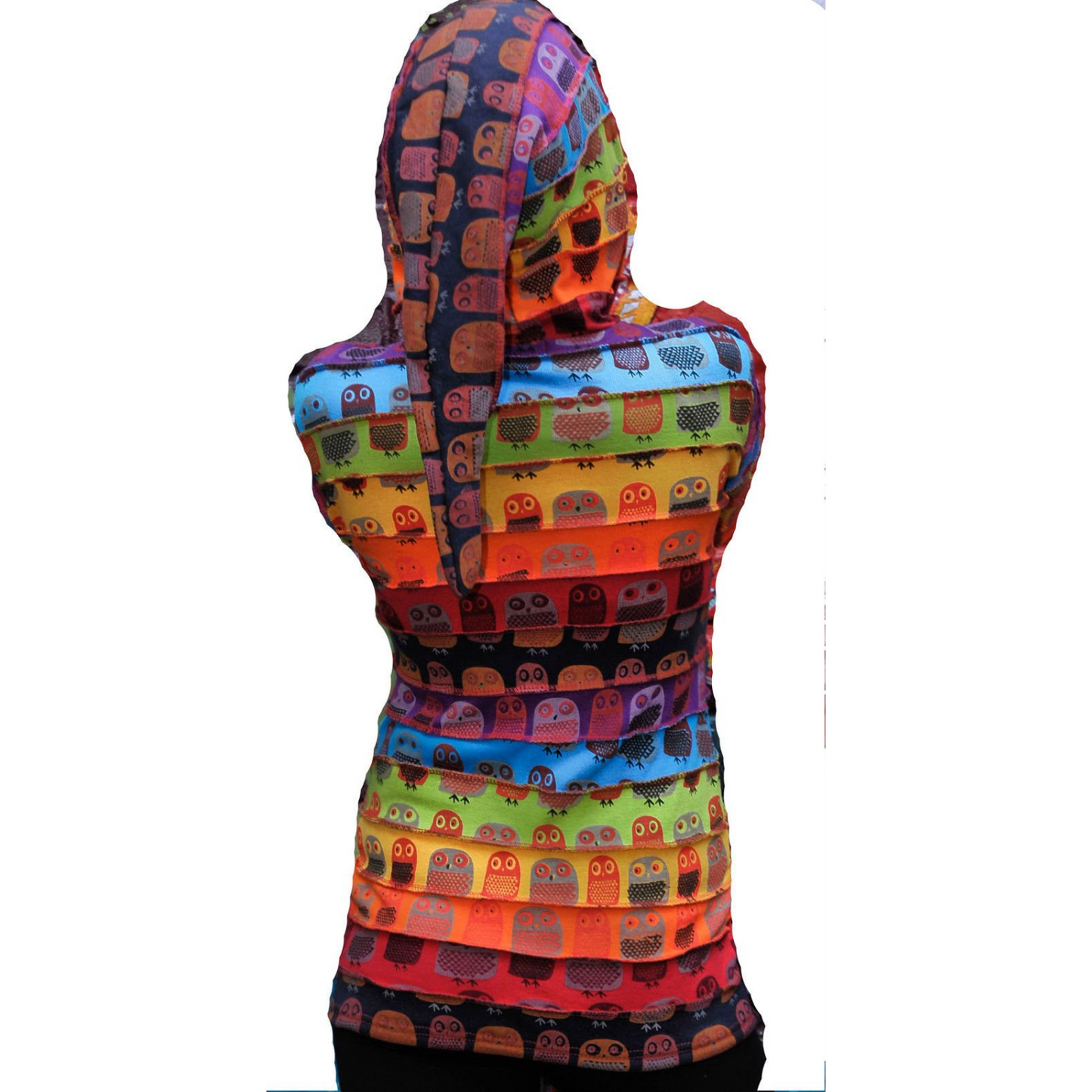 Women Owl Print Pixie Hooded Rainbow Striped Hippie Jacket