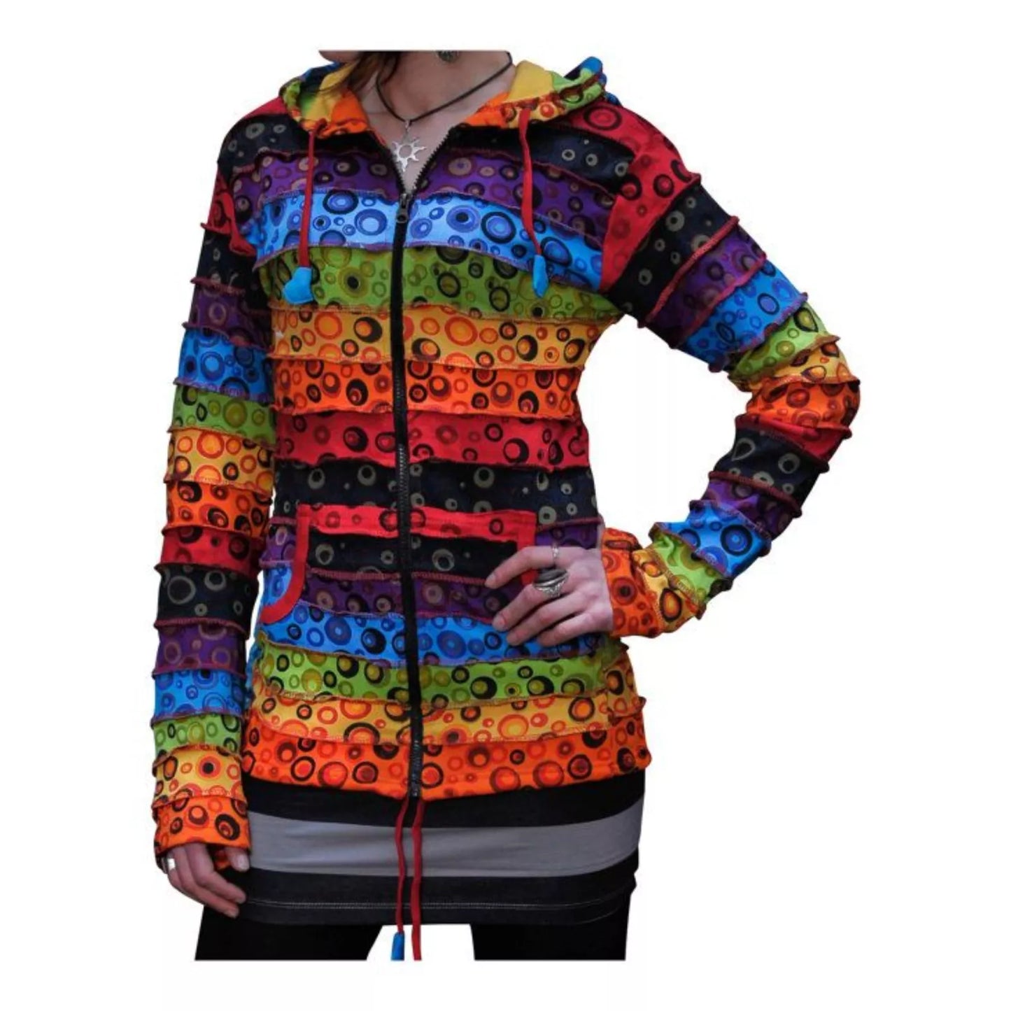 Women's Rainbow Multicoloured Bubble Print Cotton Hippie Hoodie Jacket