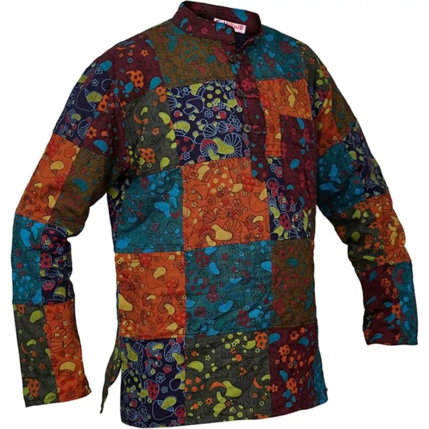 Mens Patchwork Grandad Hippie Shirt Mushroom Print Festival Clothes