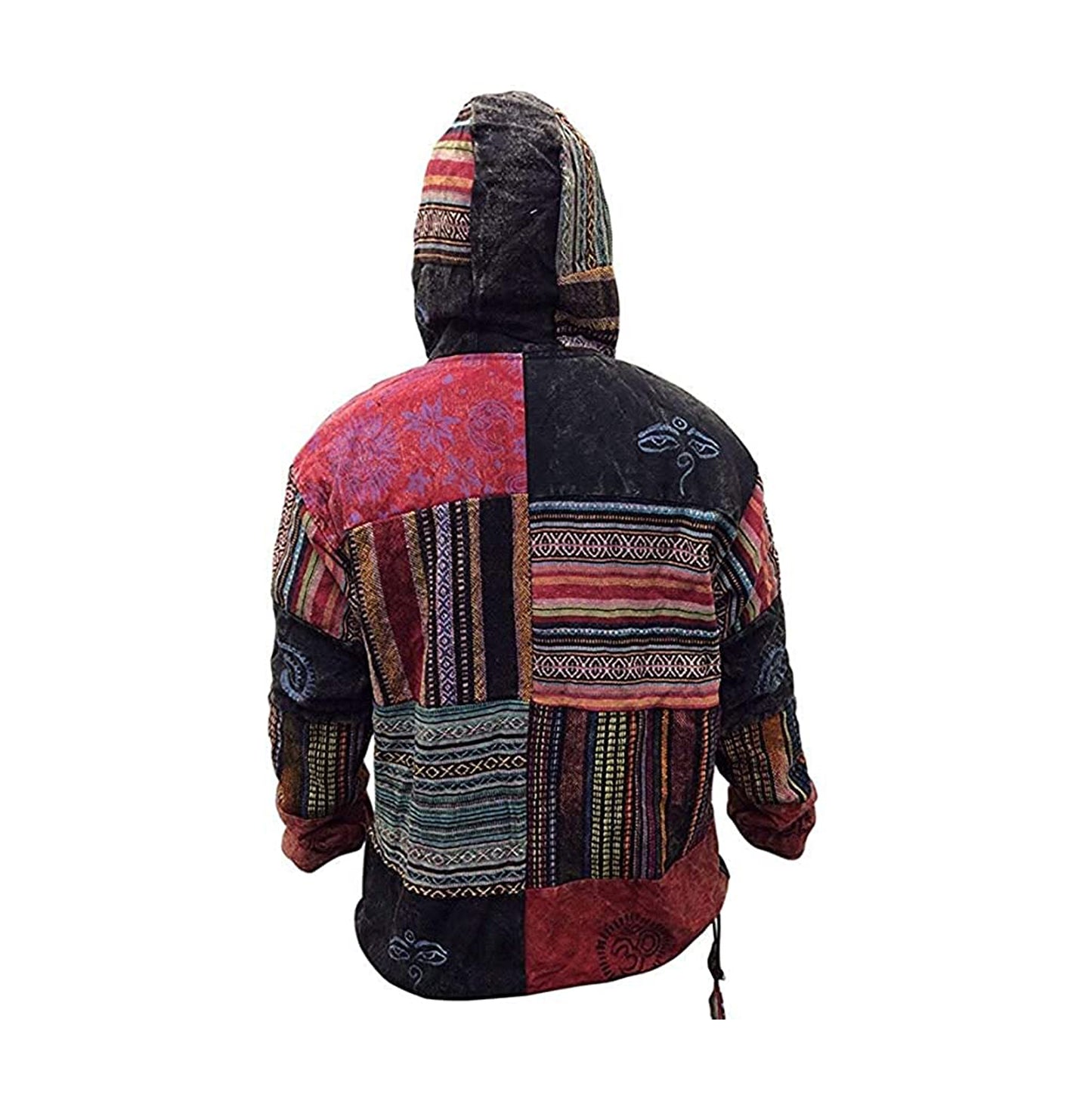 Mens Patchwork Fleece Hood Jacket, Nepalese Hand Made Cotton Pullover Sweatshirt