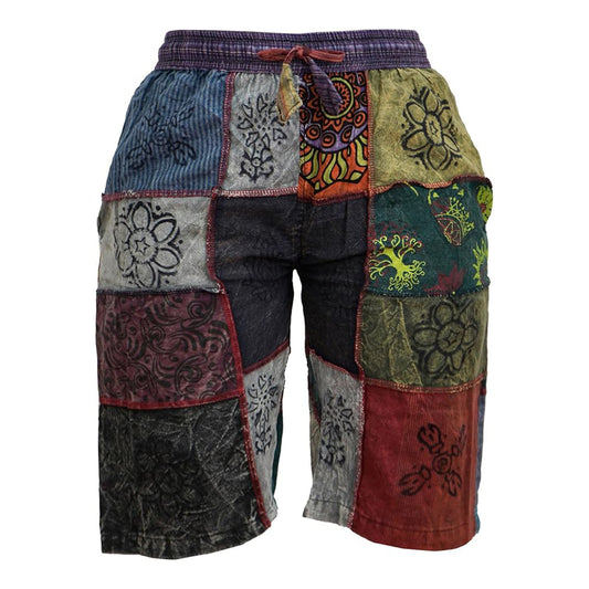Mens Patchwork Elasticated Waist Boho Festival Pants Cotton Hippie Summer Shorts