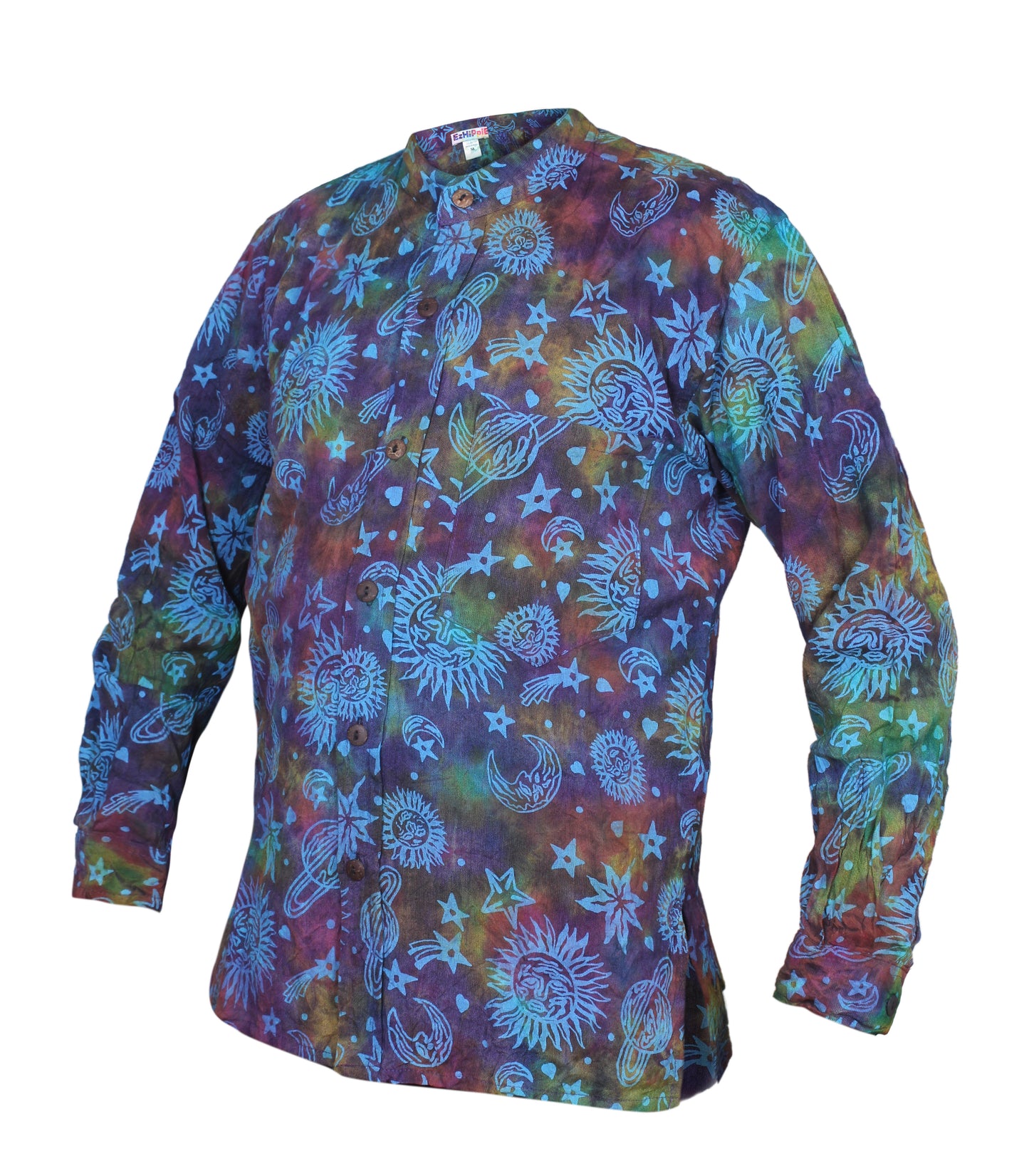 Men's Space Tie Dye Henley Shirt, Hand Made Long Sleeve Collarless Casual Shirt