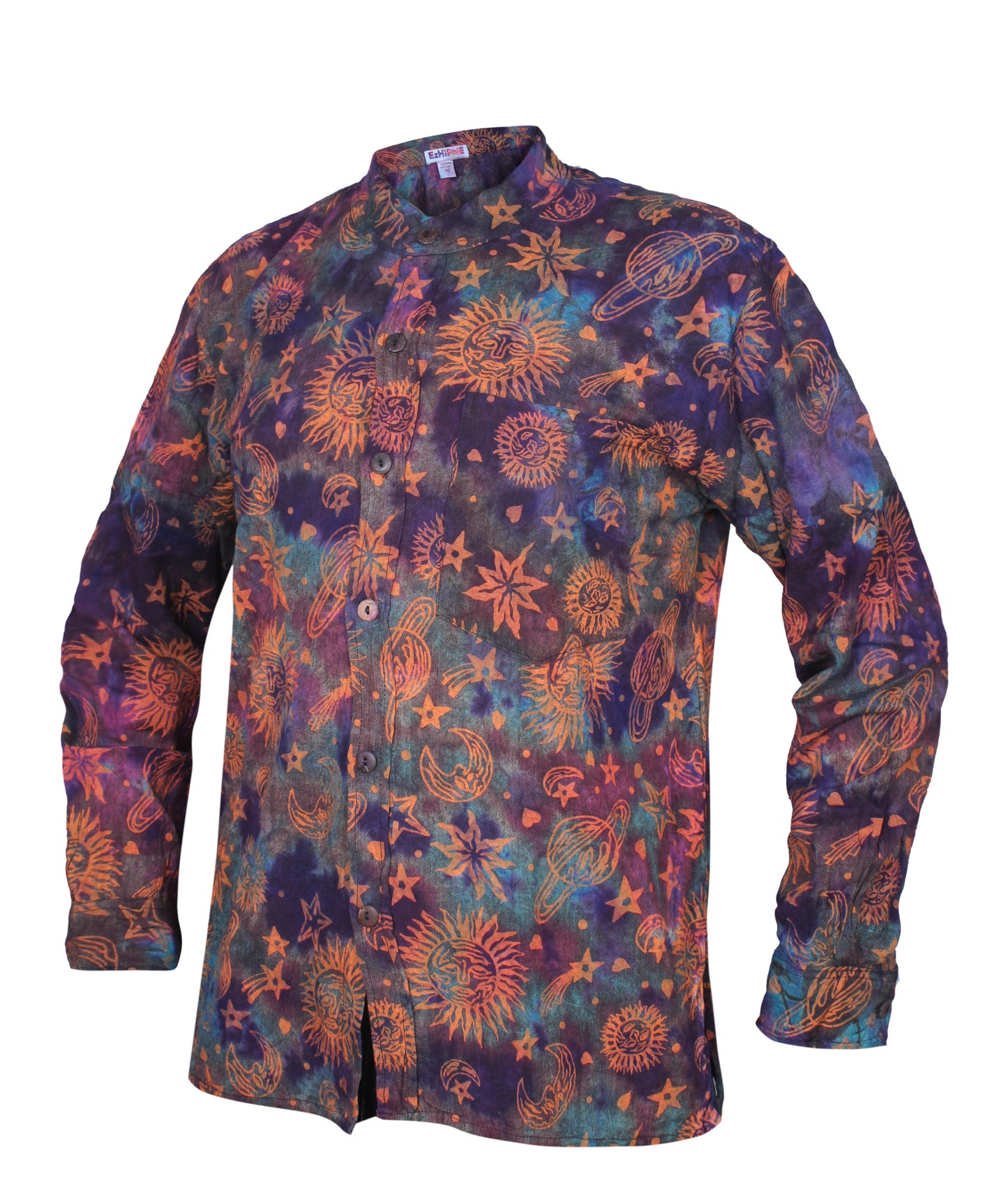 Men's Space Tie Dye Henley Shirt, Hand Made Long Sleeve Collarless Casual Shirt