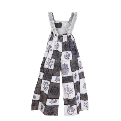 Women’s Cotton Patchwork Mushroom Flower Sun Tribal Print Hippie Summer Dungarees