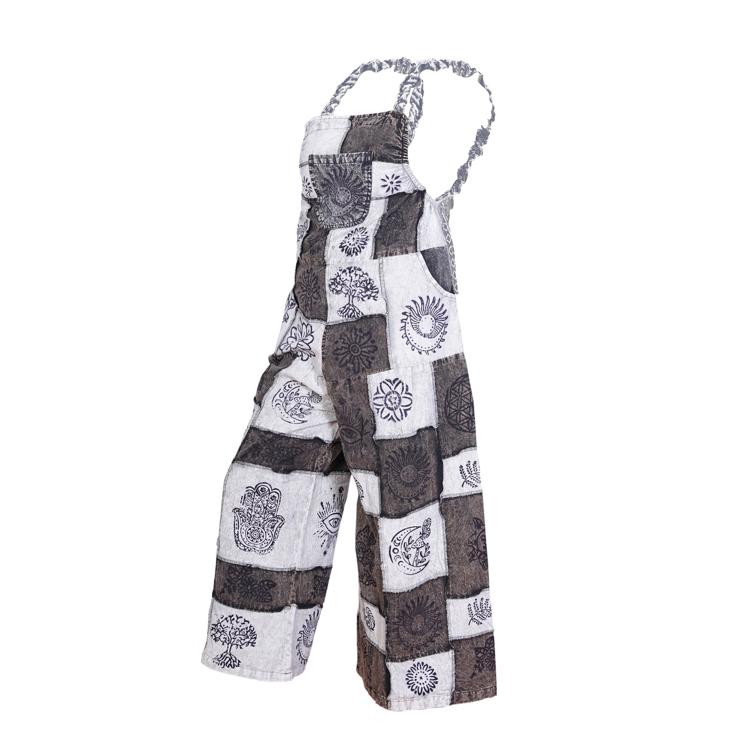 Women’s Cotton Patchwork Mushroom Flower Sun Tribal Print Hippie Summer Dungarees