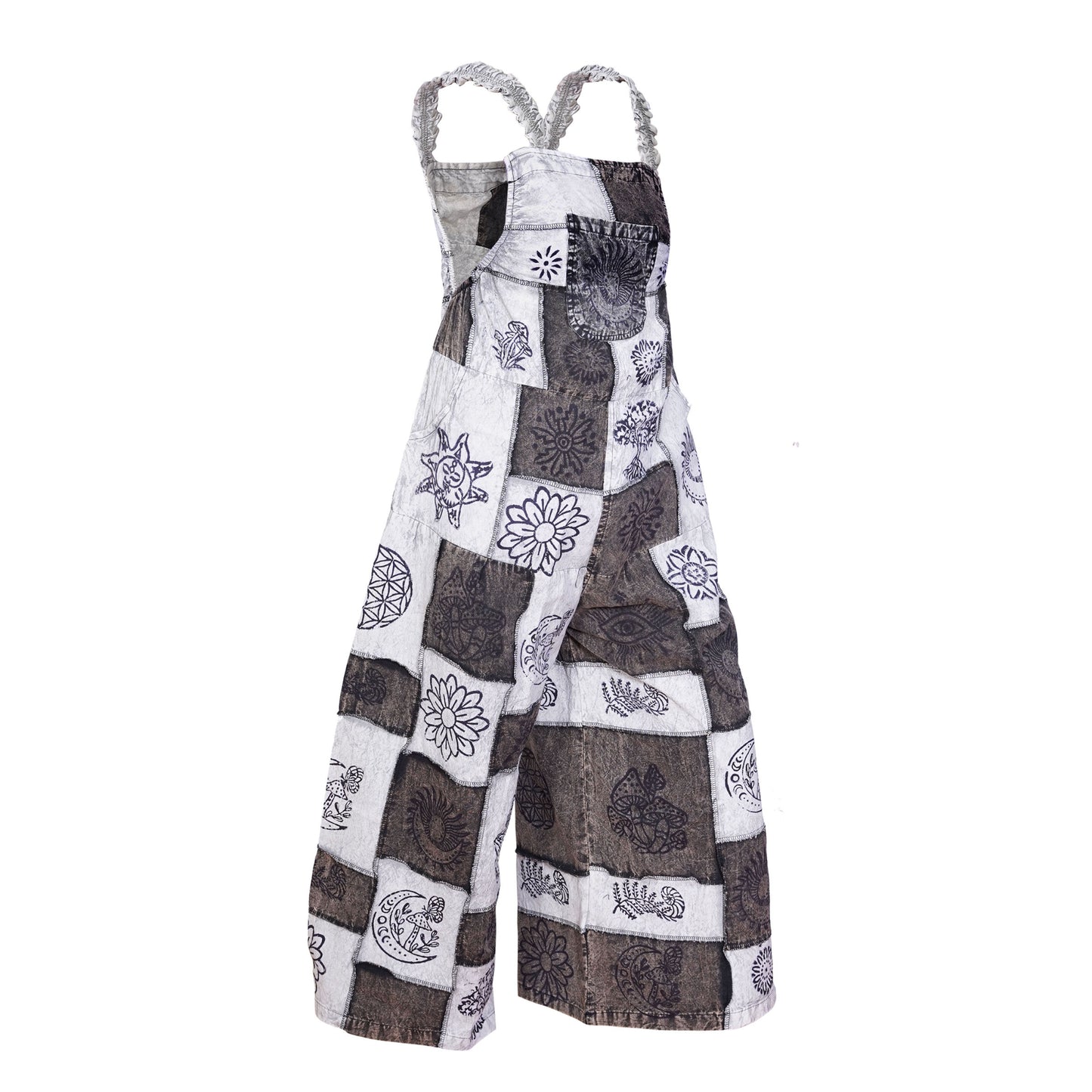Women’s Cotton Patchwork Mushroom Flower Sun Tribal Print Hippie Summer Dungarees