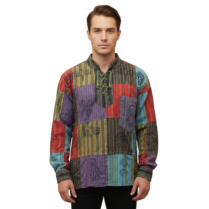 Men's Stonewashed Patchwork Kurtha Shirt