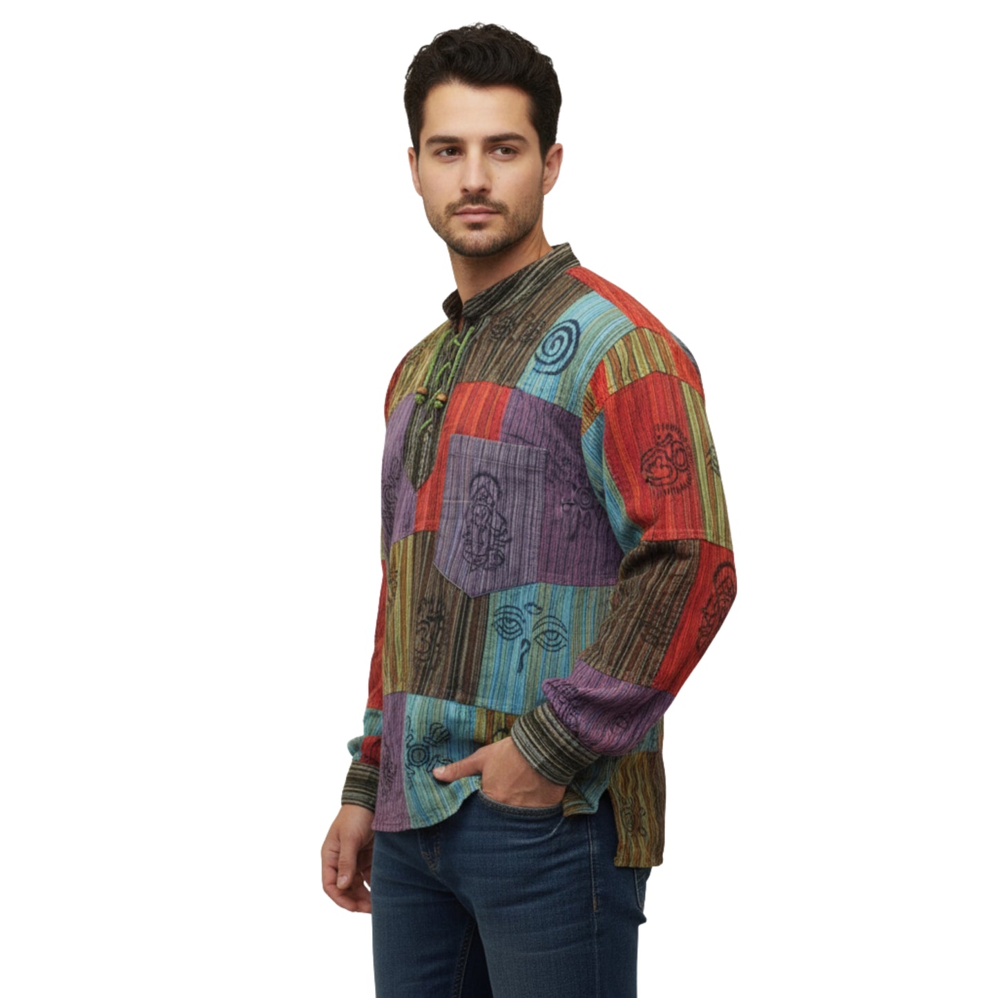 Men's Stonewashed Patchwork Kurtha Shirt