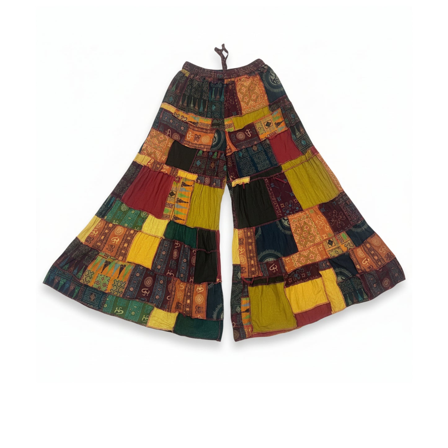 Women’s Patchwork Cotton Palazzo Pants Elastic Waist Drawstring Hippie Outfit