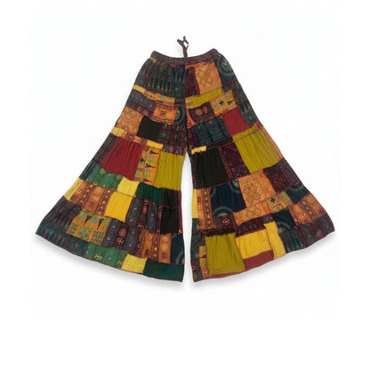 Women’s Patchwork Cotton Palazzo Pants Elastic Waist Drawstring Hippie Outfit