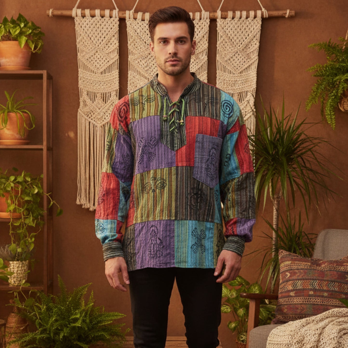 Men's Stonewashed Patchwork Kurtha Shirt