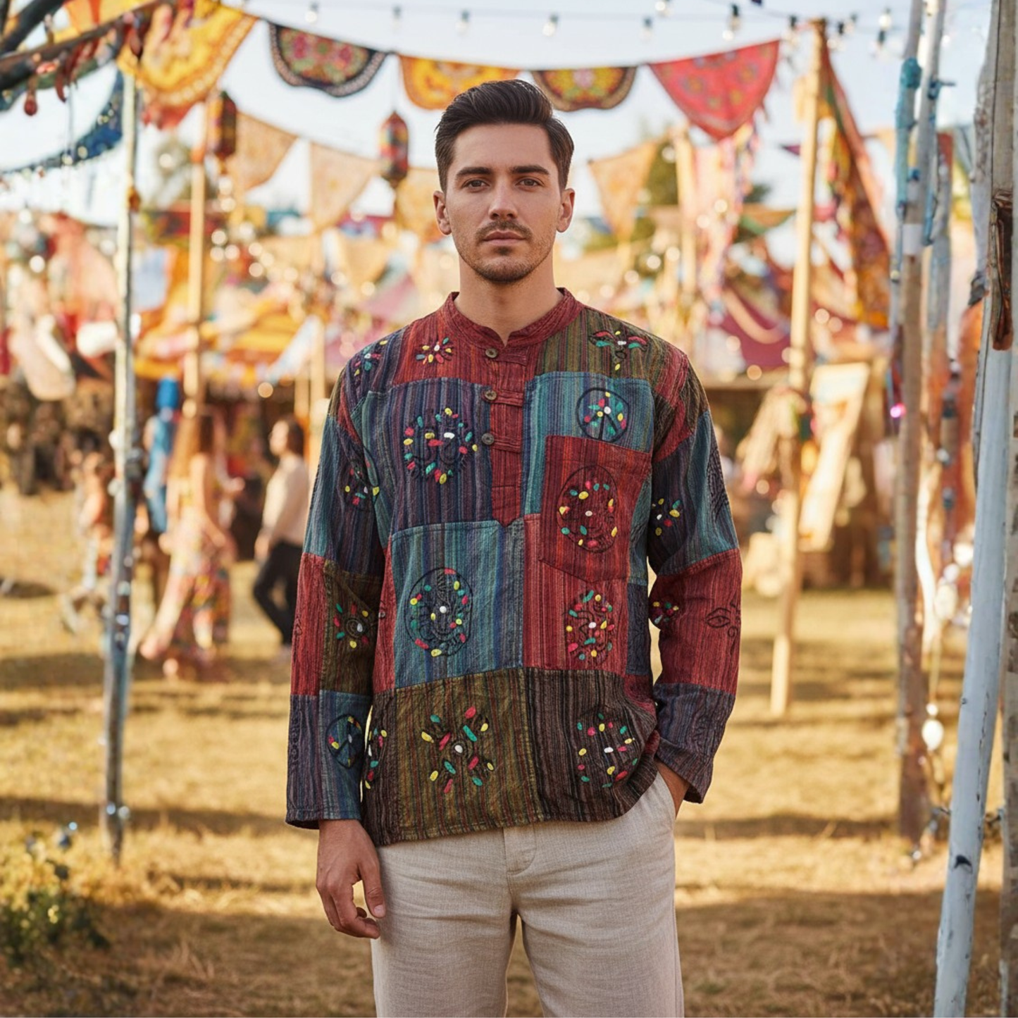 Mens Patchwork Stripe Hippie Grandad Shirts