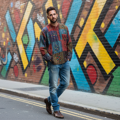 Mens Patchwork Stripe Hippie Grandad Shirts