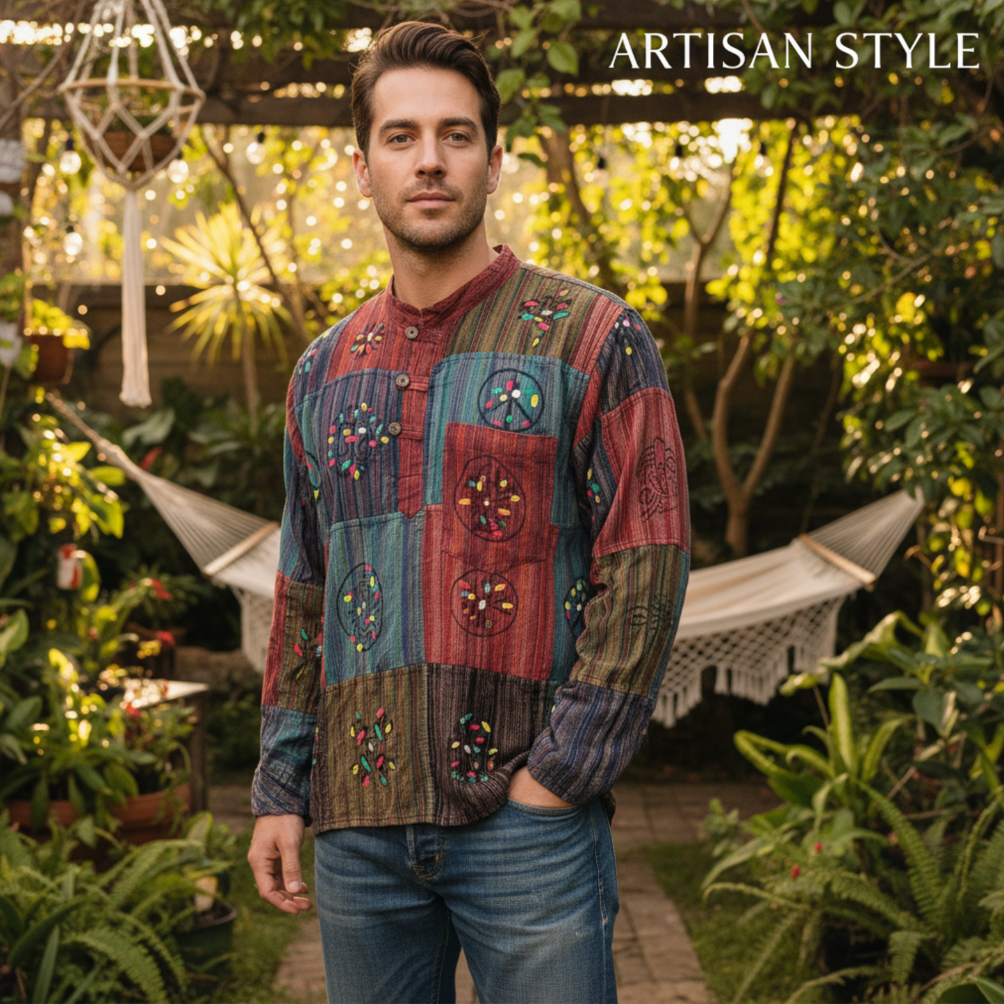 Mens Patchwork Stripe Hippie Grandad Shirts