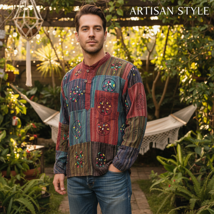Mens Patchwork Stripe Hippie Grandad Shirts