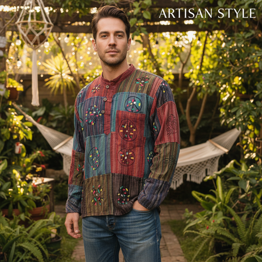 Mens Patchwork Stripe Hippie Grandad Shirts