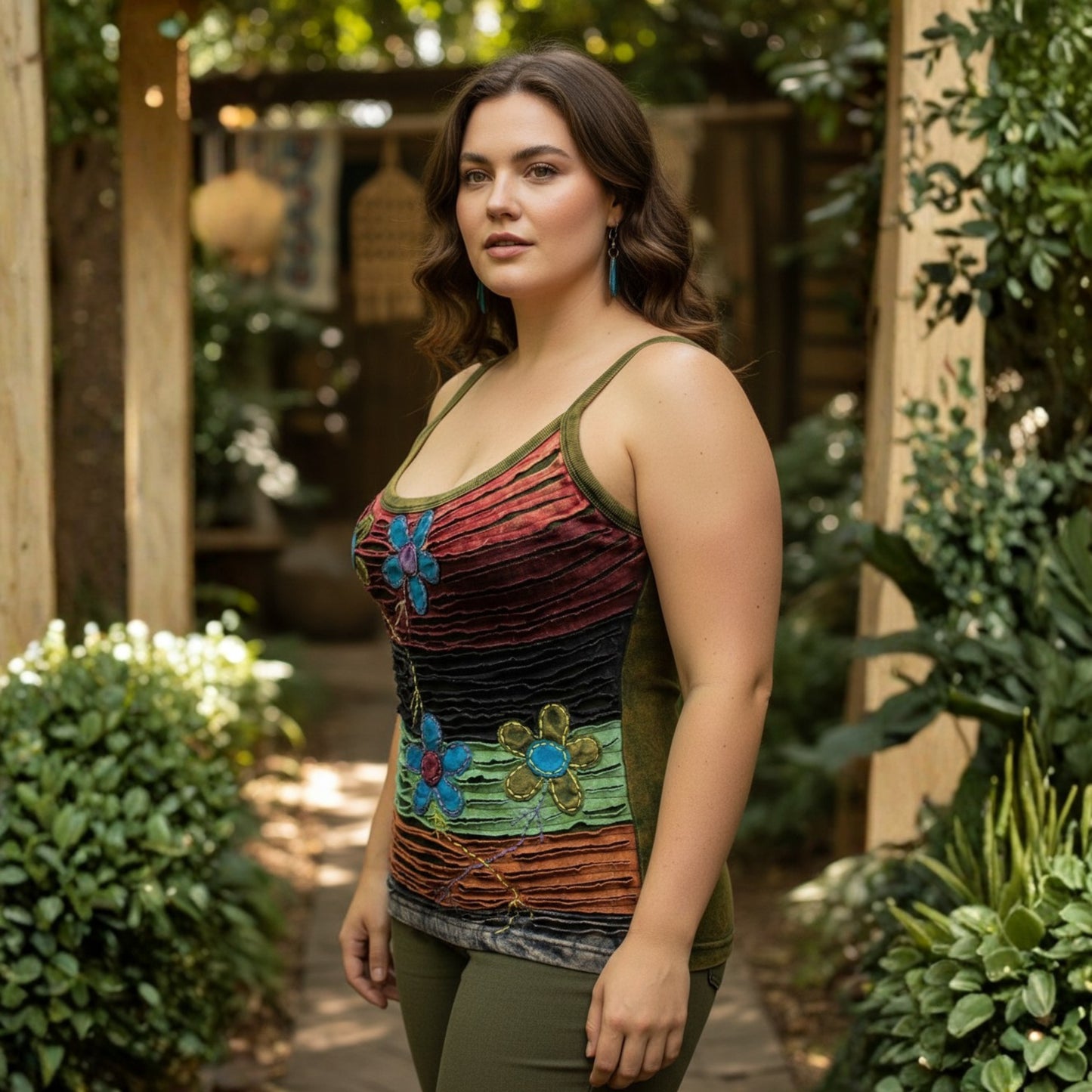 WOMEN RAZOR CUT FLOWER EMBROIDERED HIPPIE TANK TOP