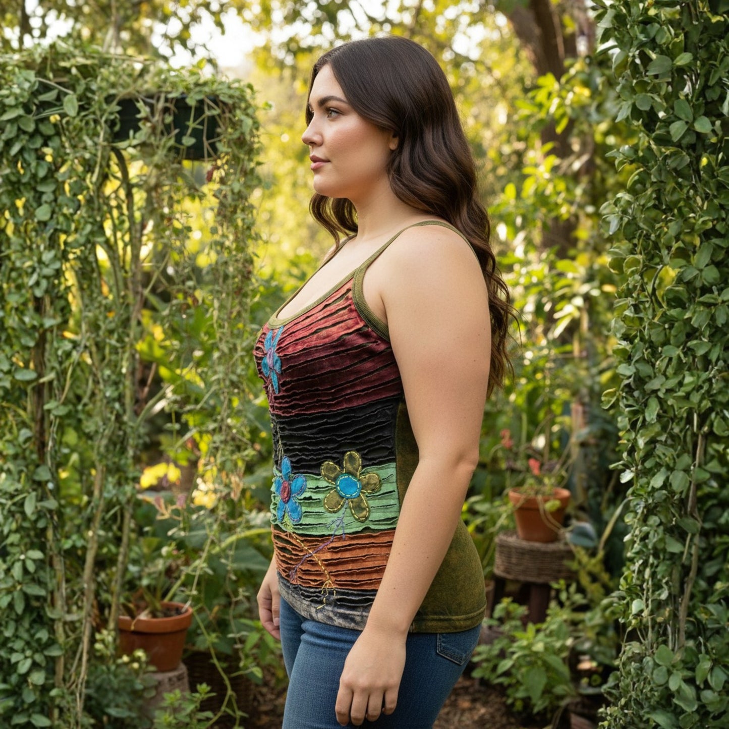 WOMEN RAZOR CUT FLOWER EMBROIDERED HIPPIE TANK TOP