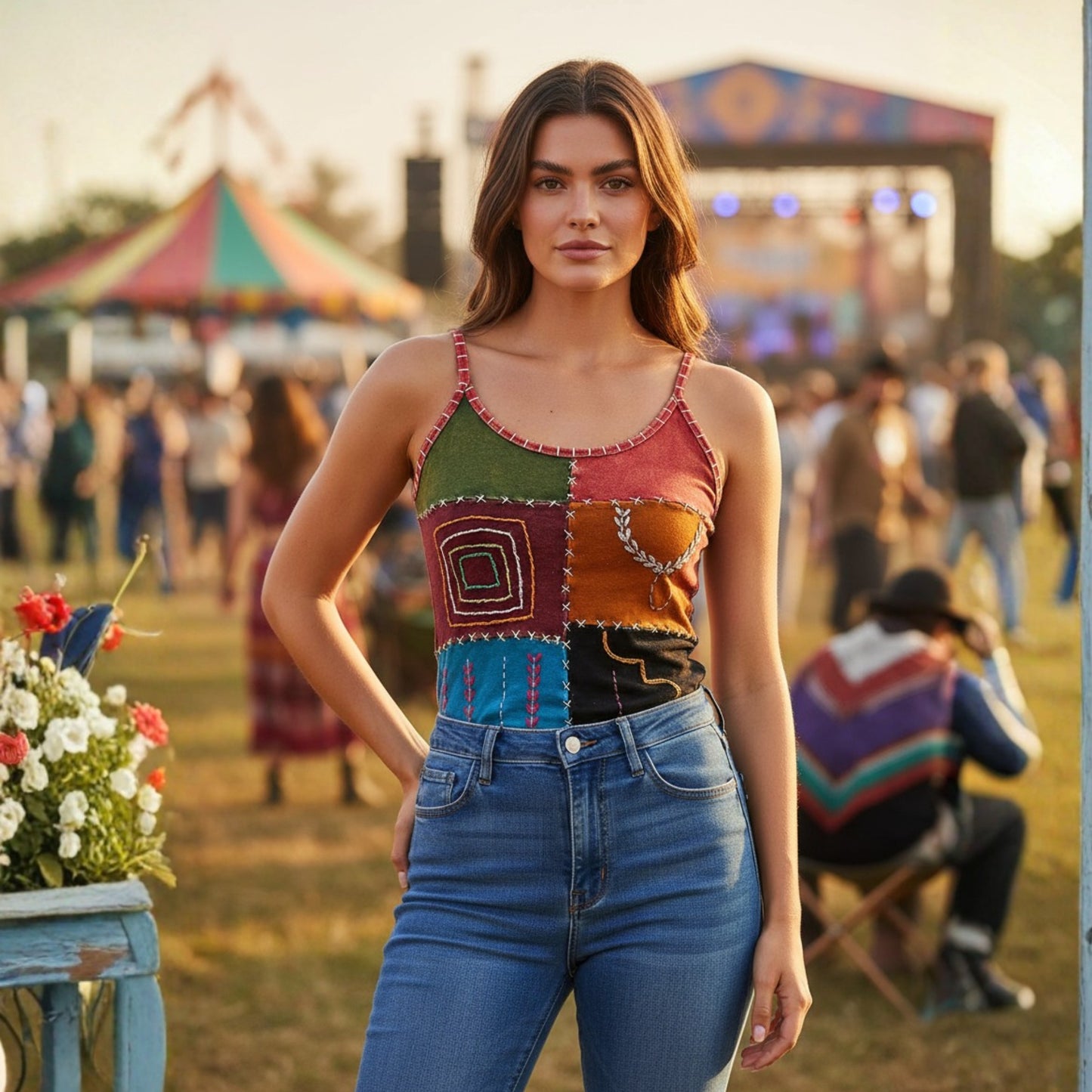 WOMEN COLOURFUL EMBROIDERED HIPPIE FESTIVAL TANK TOPS