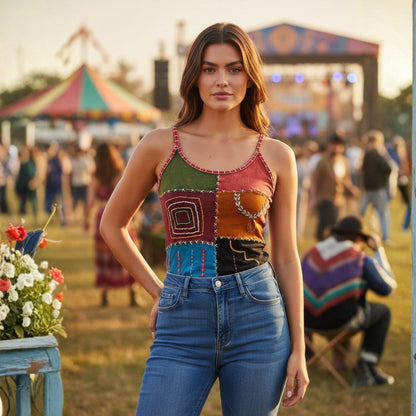 WOMEN COLOURFUL EMBROIDERED HIPPIE FESTIVAL TANK TOPS