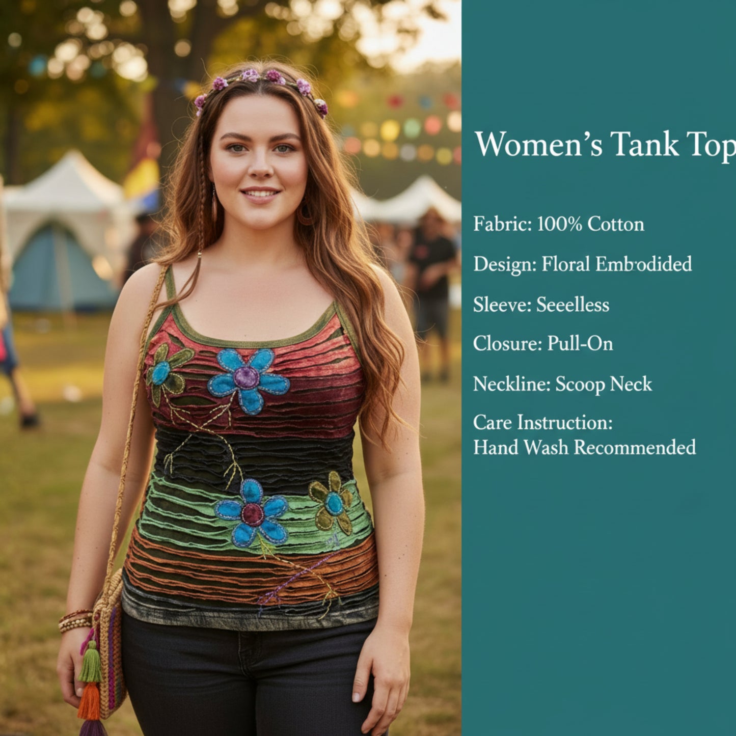 WOMEN RAZOR CUT FLOWER EMBROIDERED HIPPIE TANK TOP