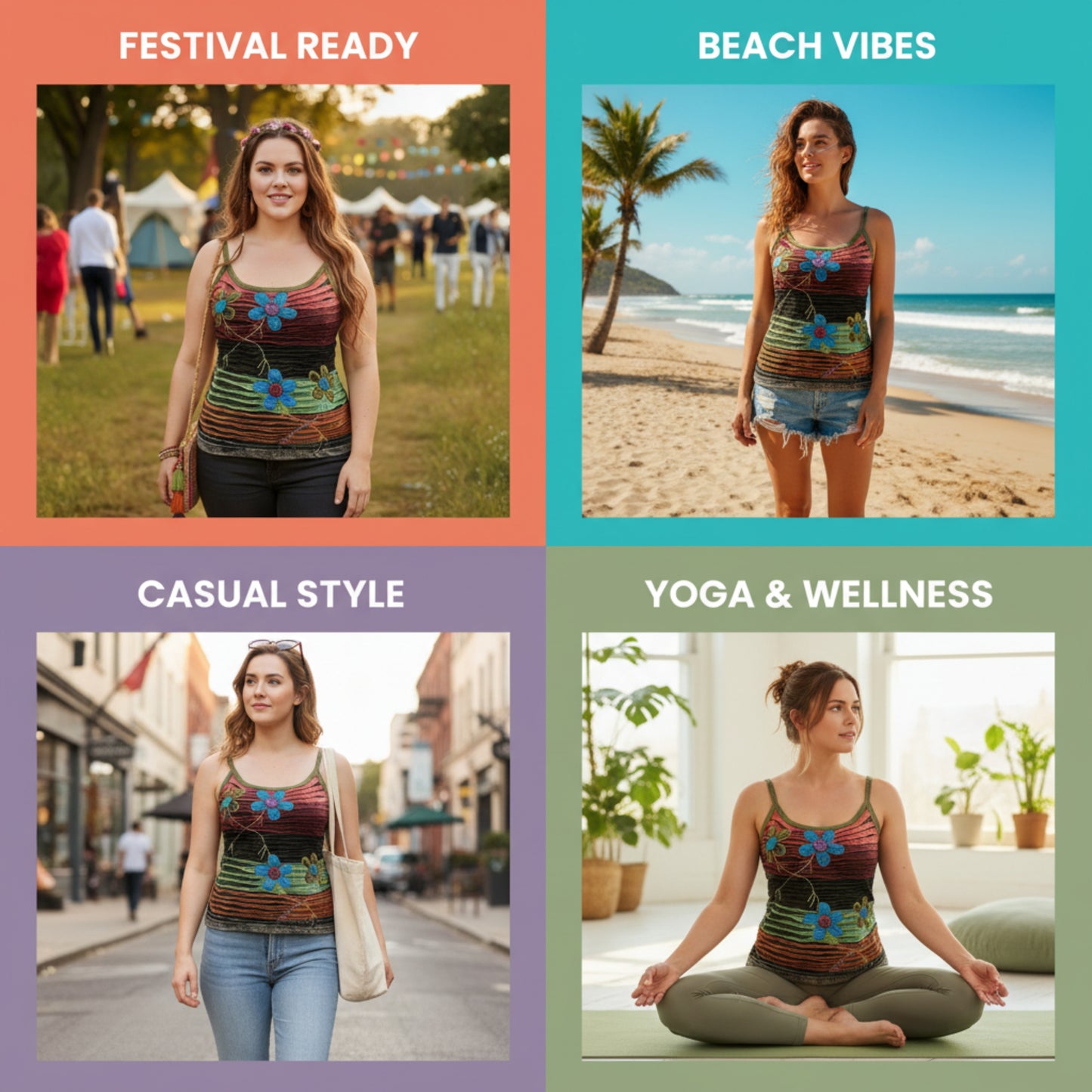 WOMEN RAZOR CUT FLOWER EMBROIDERED HIPPIE TANK TOP