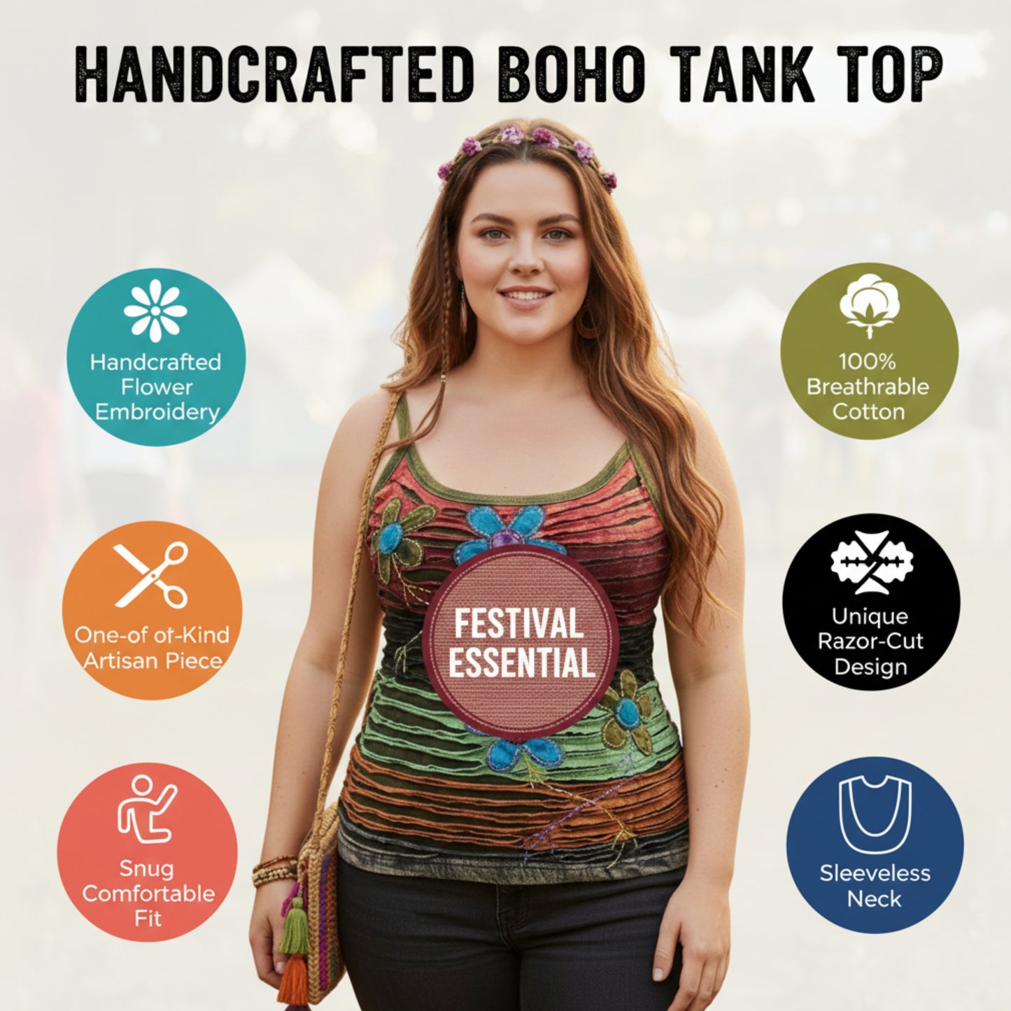 WOMEN RAZOR CUT FLOWER EMBROIDERED HIPPIE TANK TOP