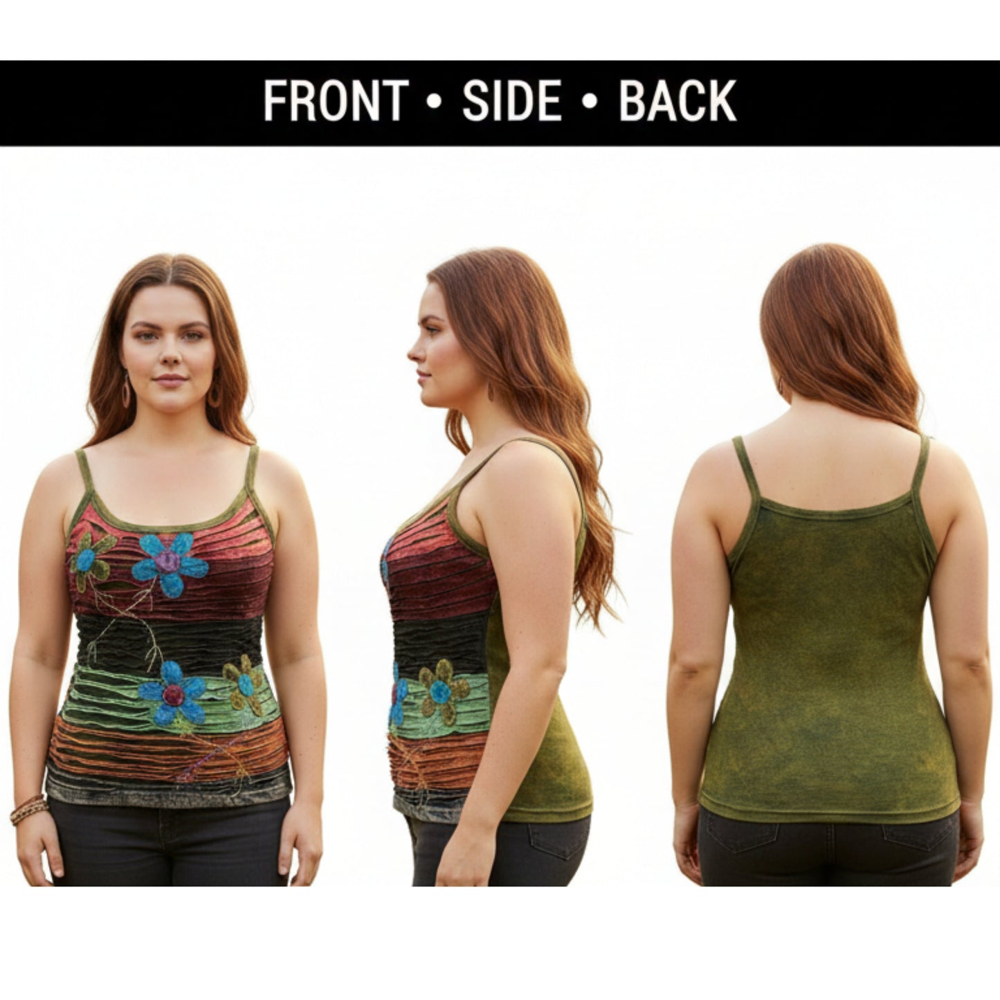 WOMEN RAZOR CUT FLOWER EMBROIDERED HIPPIE TANK TOP