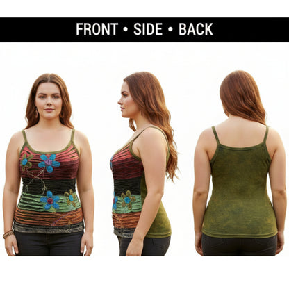 WOMEN RAZOR CUT FLOWER EMBROIDERED HIPPIE TANK TOP