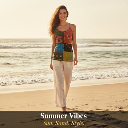 WOMEN COLOURFUL EMBROIDERED HIPPIE FESTIVAL TANK TOPS