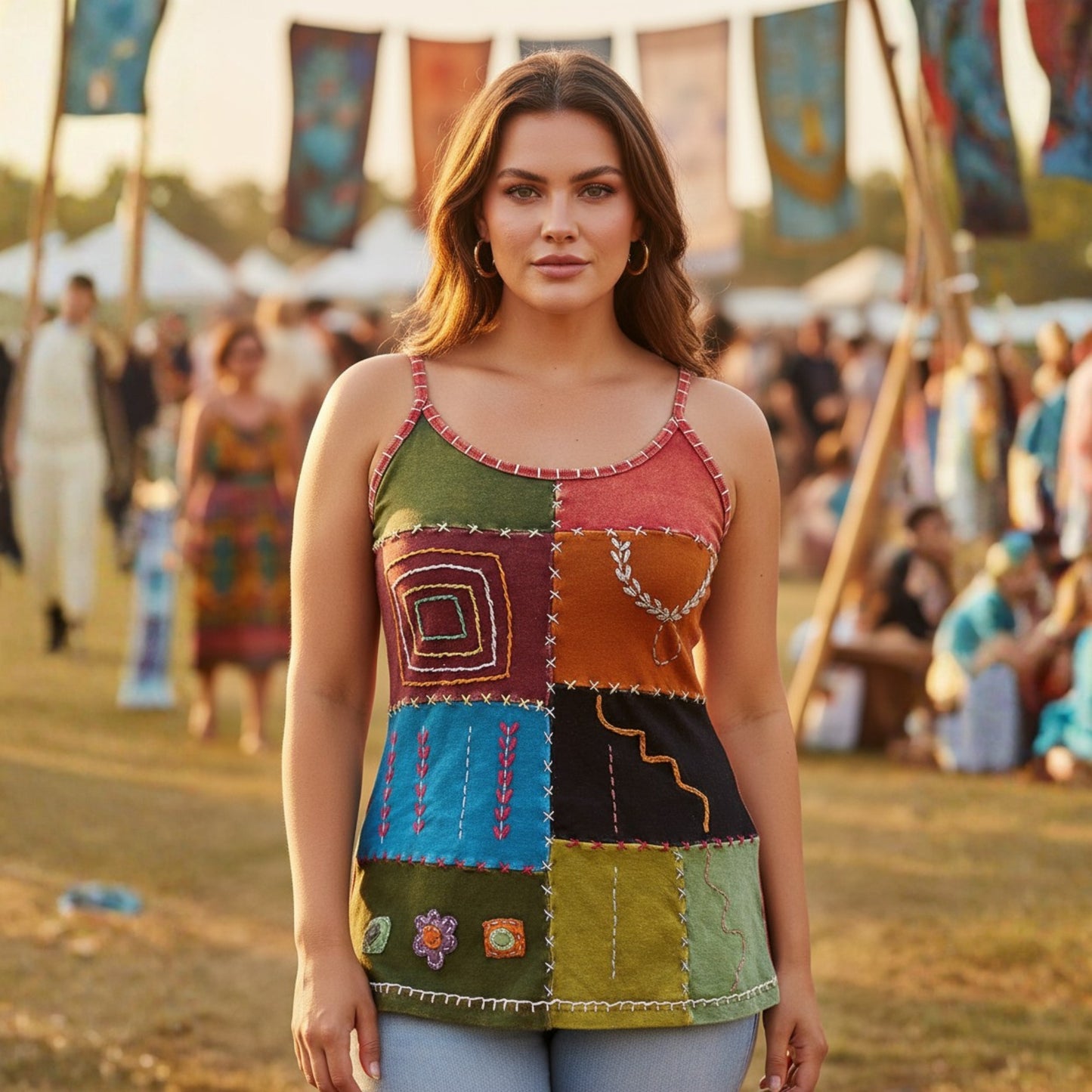 WOMEN COLOURFUL EMBROIDERED HIPPIE FESTIVAL TANK TOPS