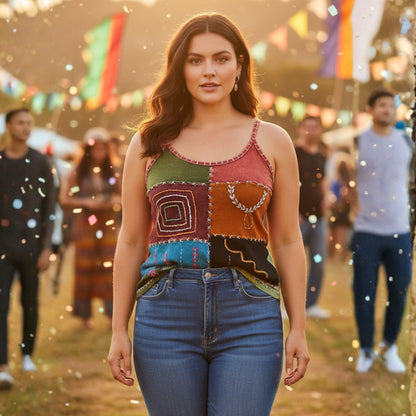 WOMEN COLOURFUL EMBROIDERED HIPPIE FESTIVAL TANK TOPS