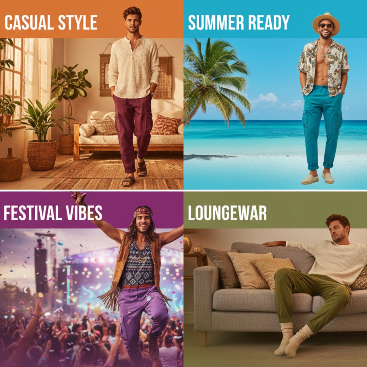 Mens Cargo Pant Plain Hippie Festival Casual Combat Trousers