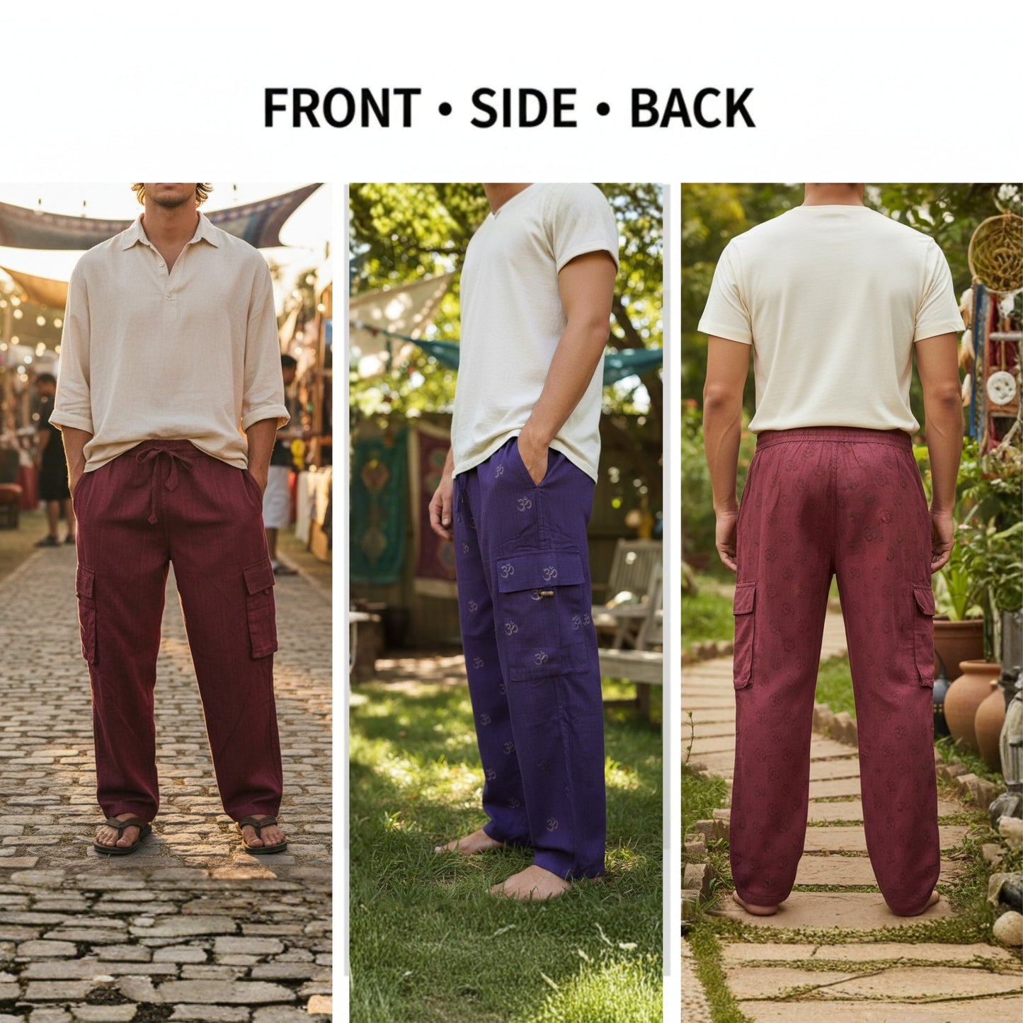 Mens Cargo Pant Plain Hippie Festival Casual Combat Trousers