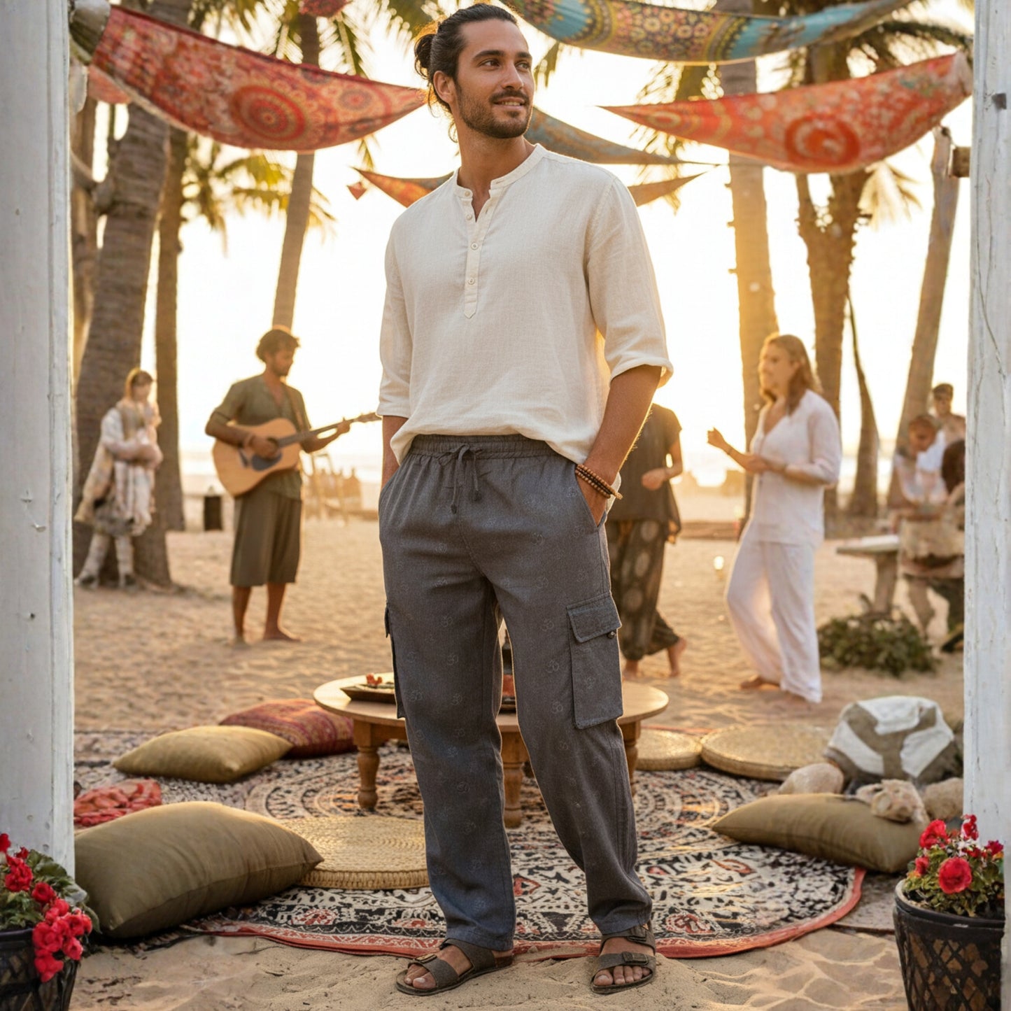 Mens Cargo Pant Plain Hippie Festival Casual Combat Trousers