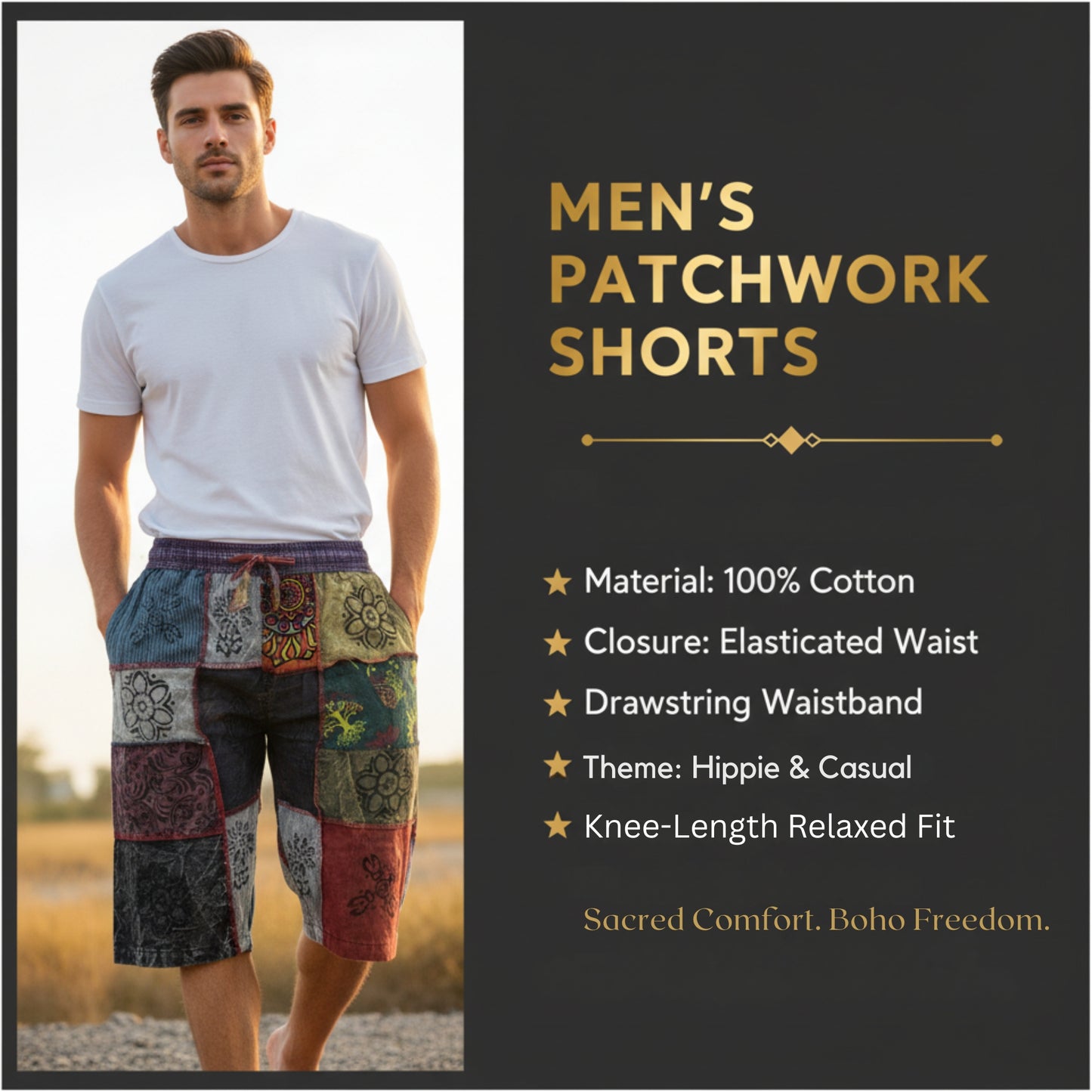 Mens Patchwork Elasticated Waist Boho Festival Pants Cotton Hippie Summer Shorts