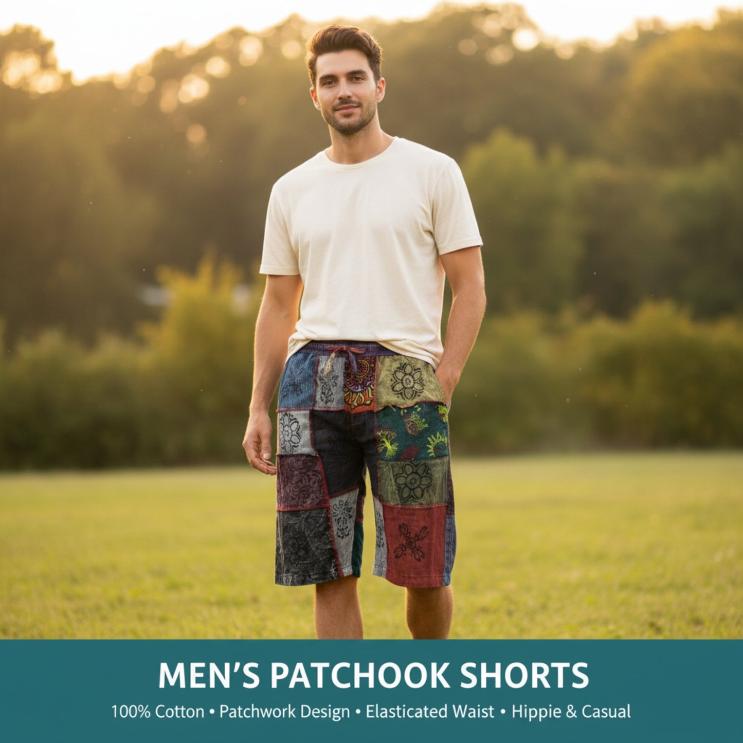 Mens Patchwork Elasticated Waist Boho Festival Pants Cotton Hippie Summer Shorts