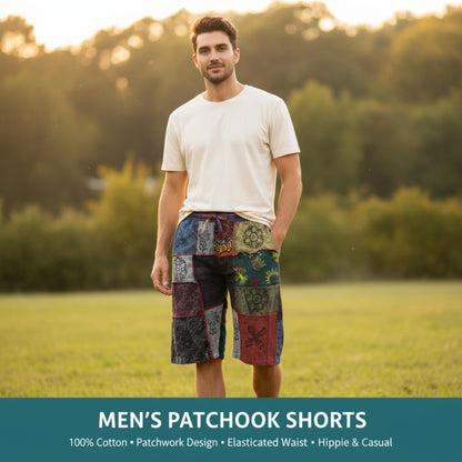 Mens Patchwork Elasticated Waist Boho Festival Pants Cotton Hippie Summer Shorts