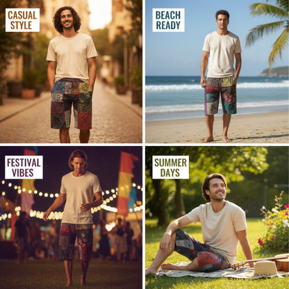 Mens Patchwork Elasticated Waist Boho Festival Pants Cotton Hippie Summer Shorts