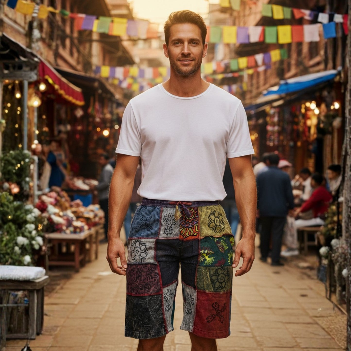 Mens Patchwork Elasticated Waist Boho Festival Pants Cotton Hippie Summer Shorts