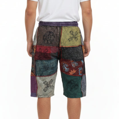 Mens Patchwork Elasticated Waist Boho Festival Pants Cotton Hippie Summer Shorts